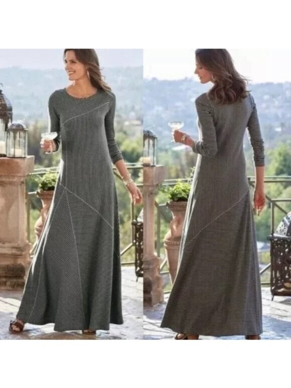 Soft Surroundings Dress Womens Small Ryley Gray Black Striped Jersey Ribbed Maxi